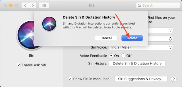 Confirme para excluir o histórico da Siri dos servidores da Apple