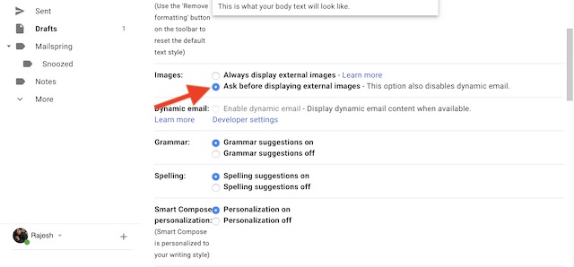 Elija Preguntar antes de mostrar imágenes externas en Gmail para la Web