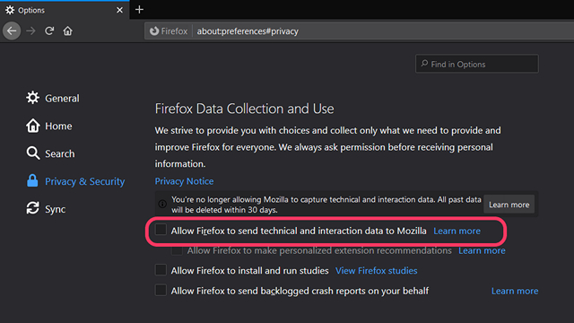 Eliminar datos de telemetría en Firefox 3