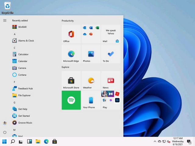 Menú de inicio de Windows 10 con barra de tareas izquierda