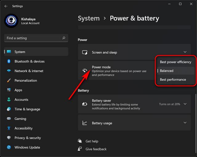 Cambiar la configuración del modo de energía en Windows 11