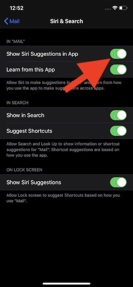 Certifique-se de mostrar a opção para mostrar sugestões da Siri no aplicativo Mail