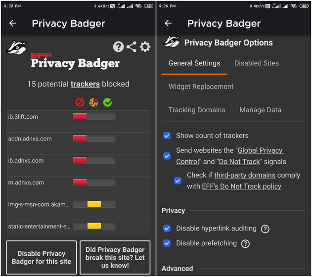 Privacy Badger Melhor complemento para Firefox no Android