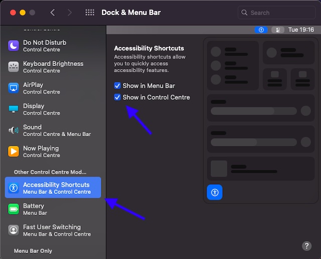 Mostrar atalhos de acessibilidade no Centro de controle e na barra de menus do Mac