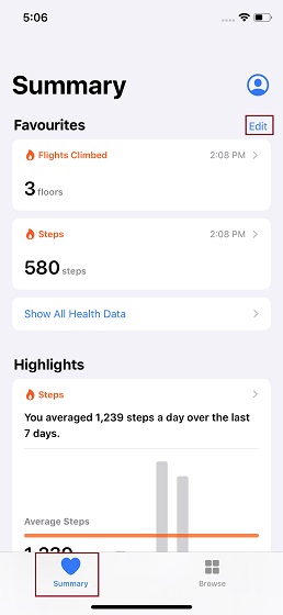 Toque na guia Resumo no aplicativo Saúde no iPhone