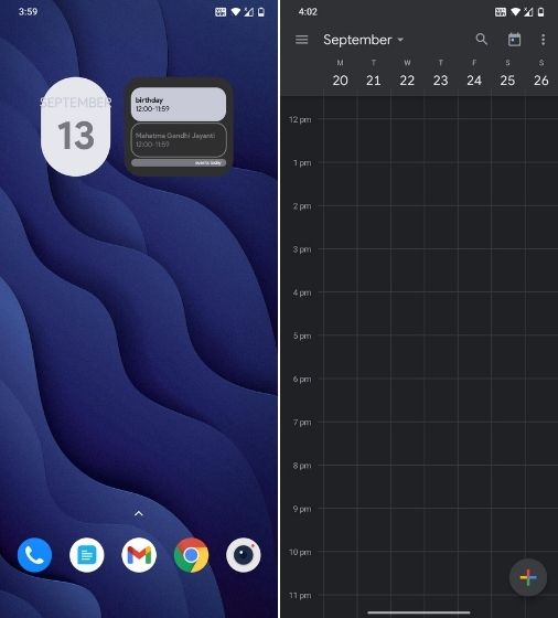 tocar no widget de calendário do Android 12 abre o aplicativo Calendário