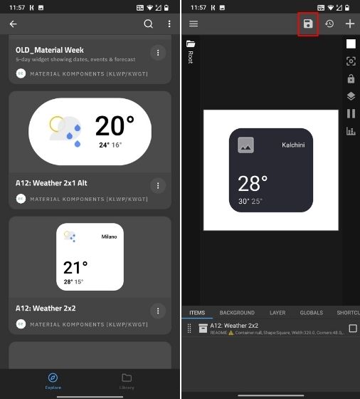 selecionando um widget do Android 12 no aplicativo