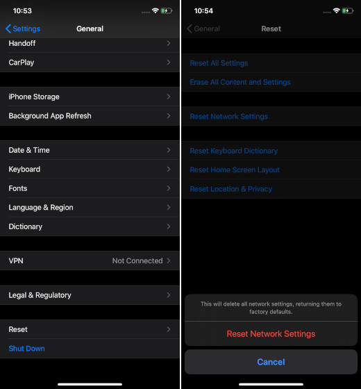 Restablecer la configuración de red en iOS 13 para arreglar iPhone Wifi