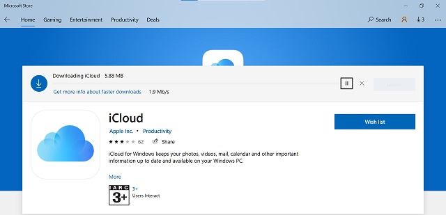 Página de producto de iCloud en Microsoft Store