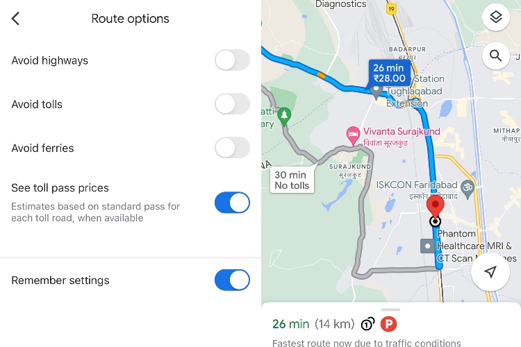 google maps shows toll prices