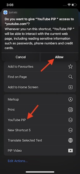 Elija el acceso directo del modo YouTube PiP