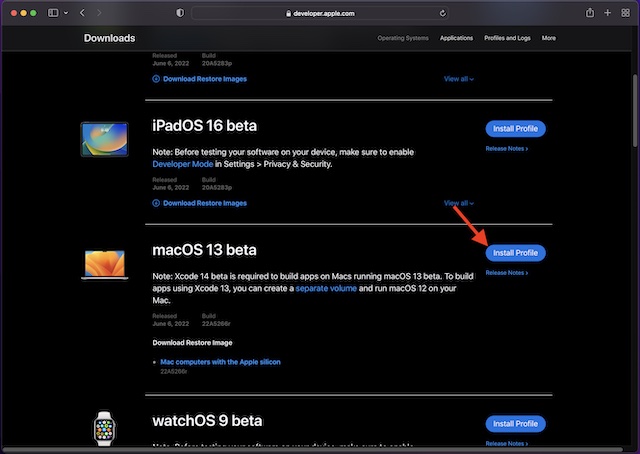 Instale el perfil beta de macOS 13 en Mac