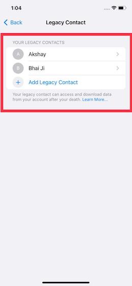 Verifique seus contatos legados - Apple Digital Legacy