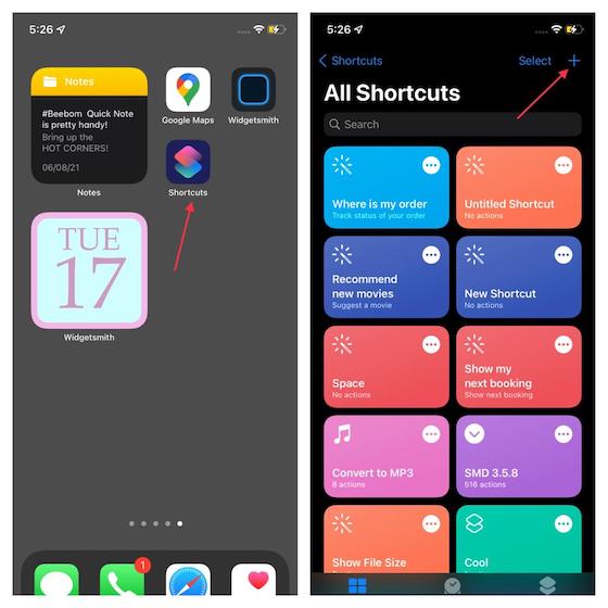 Fügen Sie Verknüpfungen über die Shortcuts-App hinzu