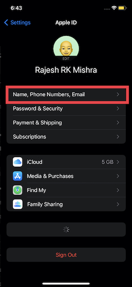 Wählen Sie in den iOS-Einstellungen die Option „Name, Telefonnummern und E-Mail“.