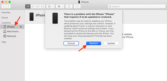 Restaurar o iPhone desativado no iOS 15.1 ou anterior 