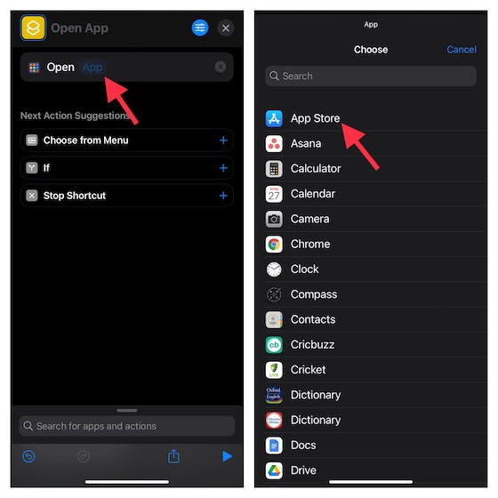 Wählen Sie die App in der Shortcuts-App auf dem iPhone aus 