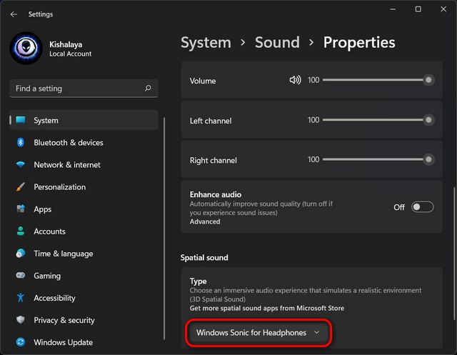 Habilite el sonido espacial y mejore el audio en Windows 11