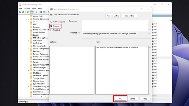 Legen Sie Startsound ausschalten als aktiviert fest, um den Startsound in Windows 11 zu deaktivieren