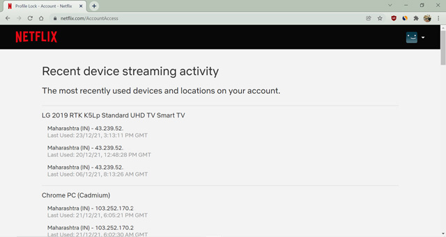 Aktuelle Geräte-Streaming-Aktivität auf Netflix