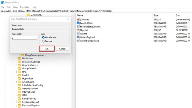ändern Sie enabledstate in 2, um die neue Alt+Tab-Benutzeroberfläche in Windows 11 zu aktivieren