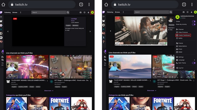 Öffnen Sie das Creator-Dashboard von Twitch Mobile
