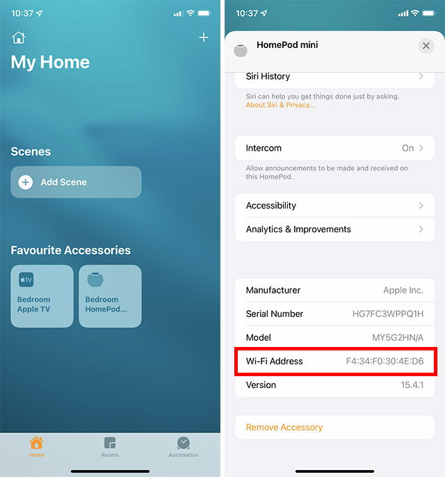 homepod mini dirección mac en la aplicación de inicio en iPhone