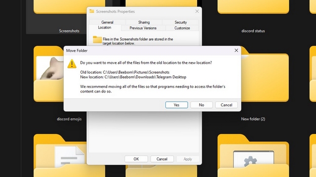 Wählen Sie das Verschieben von Dateien in den neuen Standardordner für Screenshots in Windows 11