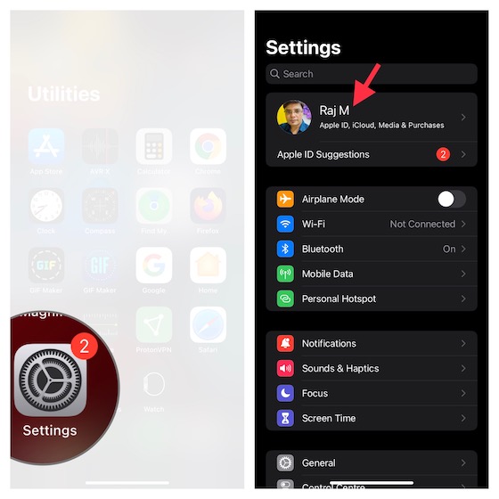Tippen Sie unter iOS auf das Apple-ID-Banner