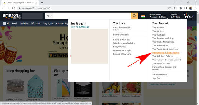 Wählen Sie Mitgliedschaft und Abonnement in den Amazon-Kontoeinstellungen aus