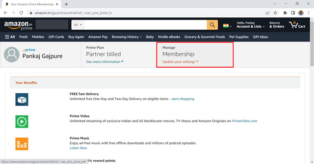 Verwalten Sie den Mitgliedschaftsbereich im Amazon-Konto