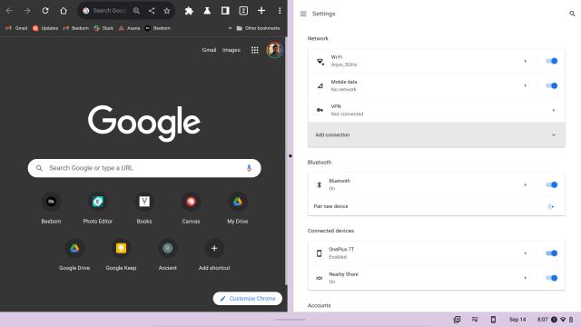 Geteilter Bildschirm auf einem Touchscreen-Chromebook