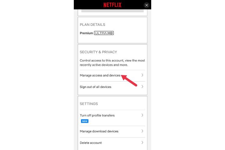 Sección de seguridad y privacidad de Netflix