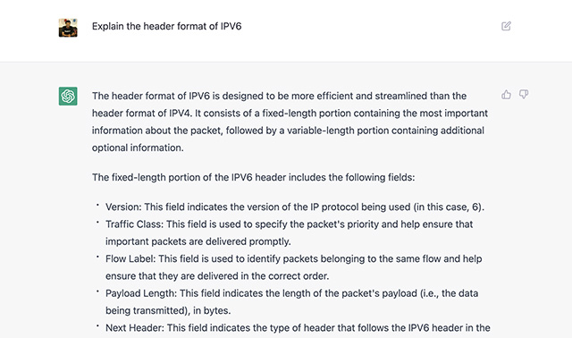 chatgpt explicando o formato do cabeçalho do ipv6