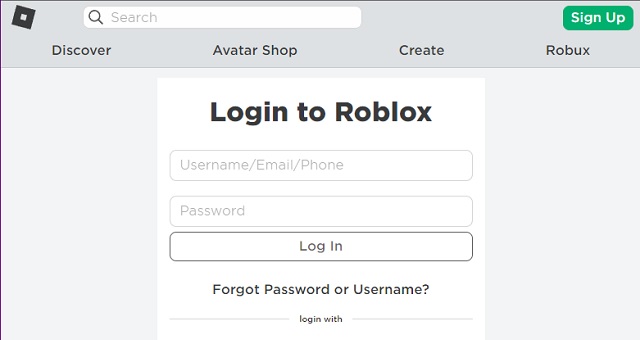 Página de login do Roblox
