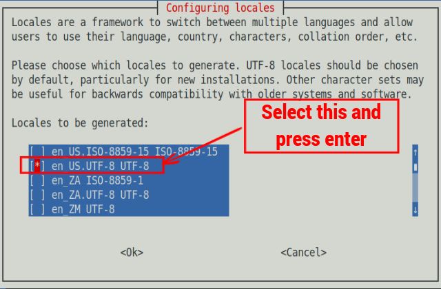 Seleccione la configuración regional UTF-8 preferida para habilitar