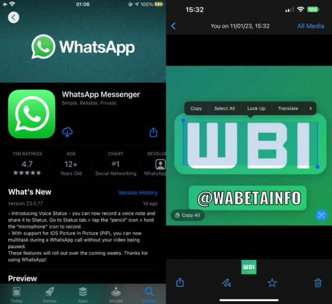 Función de detección de texto de WhatsApp