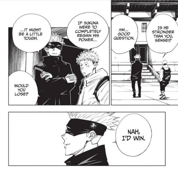 Una imagen de Gojo e Itadori hablando de Sukuna - JJK Capítulo 221