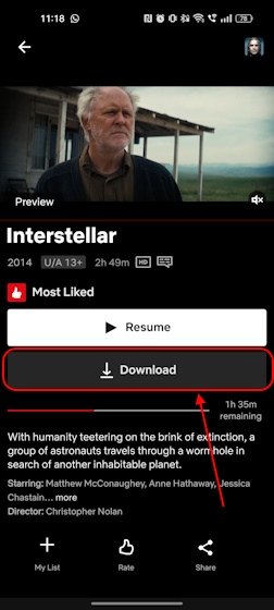 Botón de descarga en la aplicación de Netflix para Android e iOS