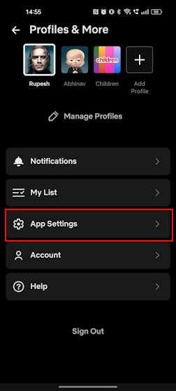 Configuración de la aplicación en Netflix Mobile