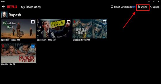 Schaltfläche „Löschen“ auf dem Netflix-PC