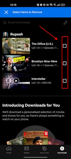 Caixa de seleção Gerenciar downloads no Netflix