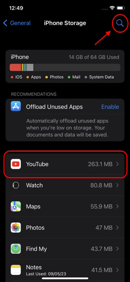 Datos de almacenamiento de iOS de la aplicación de YouTube