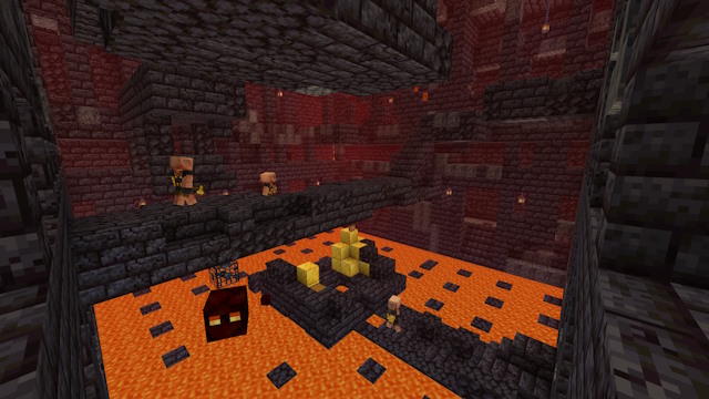 Plataforma central del bastión de la sala del tesoro donde los cofres contienen la actualización de netherite en Minecraft