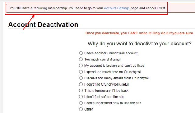 Cancele o aviso de associação do Crunchyroll - antes de excluir a conta
