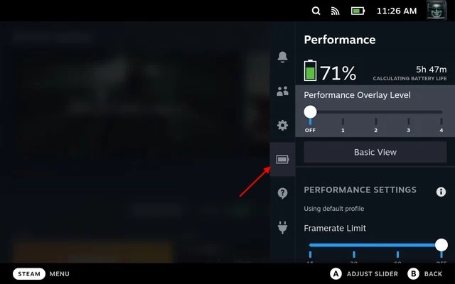 clique no ícone da bateria para acessar as configurações de desempenho