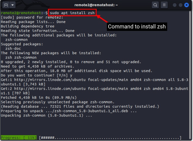 descargar zsh usando el administrador de paquetes apt