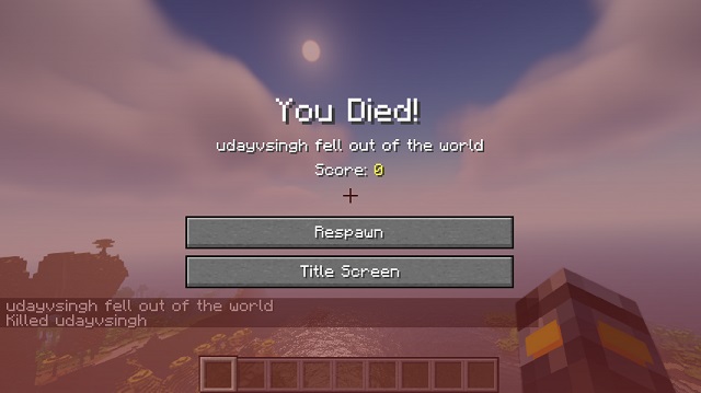 Pantalla de la muerte en Minecraft Java