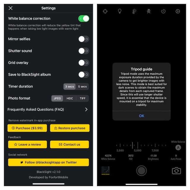 Aplicación de cámara Blacksight para iOS