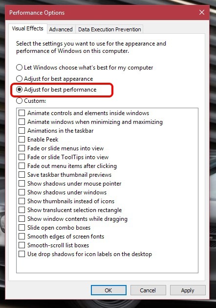Opciones de rendimiento de Windows 10